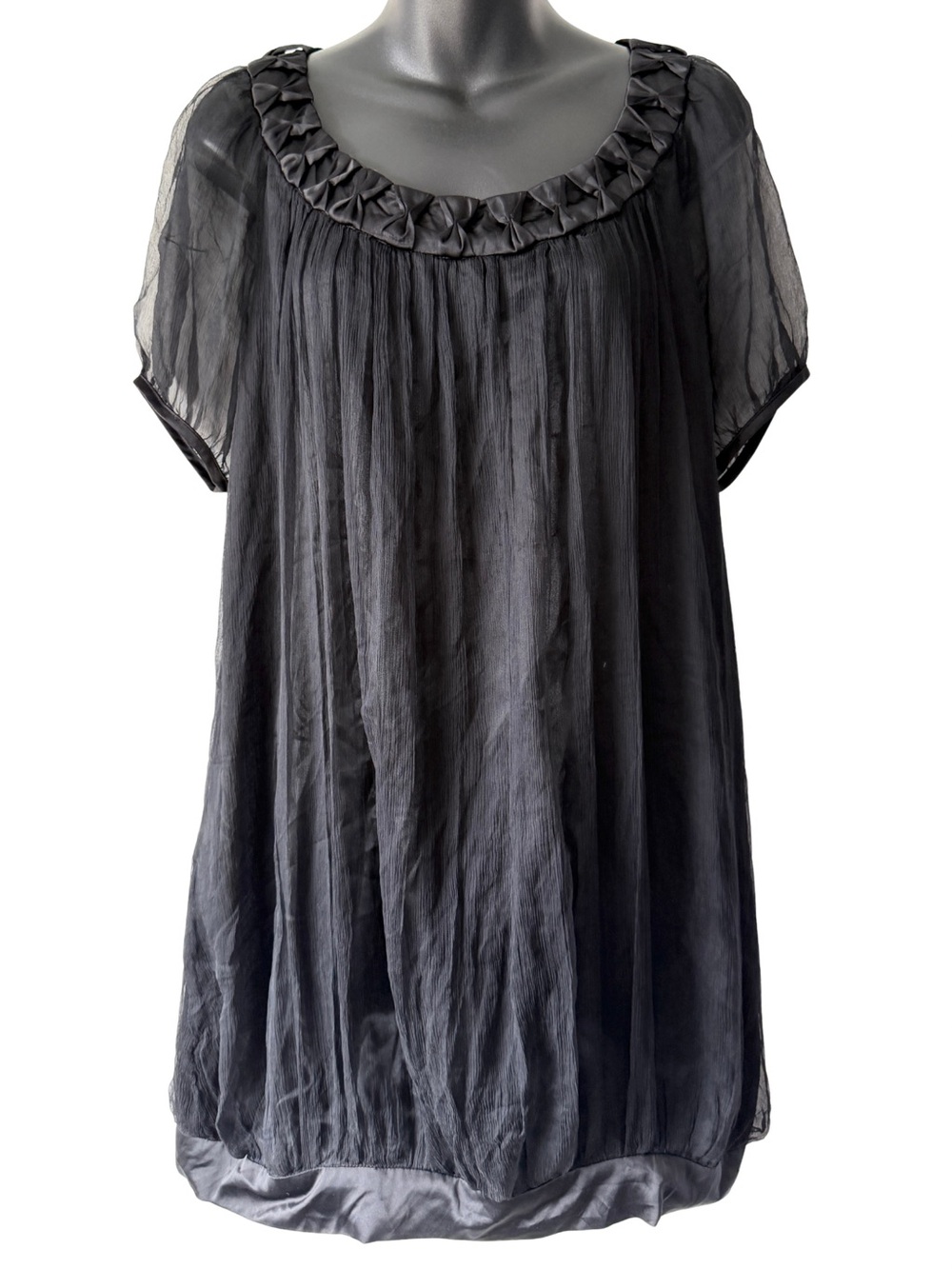 Black Sheer Silk Ruffle Neck Womens Babydoll Dress Short Sleeve Bubble Hem